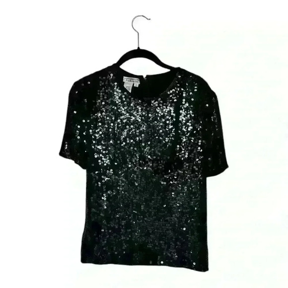 Talbots Vintage 100% Silk Black Sequin Round Neck Short Sleeve Blouse, sz Small - Picture 11 of 11